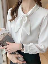 preiswerte Schicke Blusen-Damen Hemd Elegant Satin-Top Bluse Schleife Einfach Stilvoll Langarm Rundhalsausschnitt Normale Oberteile Ferien Ausgehen Blau Weiß Frühling Herbst