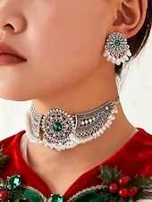 voordelige Dames ketting-Zilveren parelchoker sieradenset voor dames voor kerstfeest, vintage kristallen ketting en oorbellenset voor feestdagen &amp;elegante avondevenementen