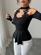 olcso Női Egyszerű Felsők-Női Blúz Tömör szín Stílusos Szexi Alkalmi Hosszú ujj Kötőfék nyaka Normál felsők Napi Csipke Kollázs Fekete Tavasz Ősz Tél