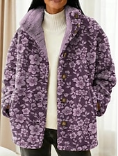 cheap Winter Coats-Women's Blazer Warm Comfortable Buttons Vintage Fashion Modern Casual Floral Vacation Home Casual Daily Short Stand Collar Regular Fit Long Sleeve Outerwear Black Dark Green Purple Fall Winter