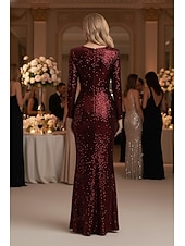 levne Mořská panna večerní šaty-Mořská panna Pouzdrové Na zem Šaty Večerní šaty Plesové Formální šaty Elegantní Třpytivé Styl celebrit Dlouhý rukáv Do V Formální Svatební Flitry s Třpytky Flitry Volány
