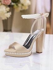 abordables Demoiselle d&amp;#39;honneur-Escarpins à plateforme en satin rose pour femme avec bride cheville en perles et nœud - sandales élégantes à talons hauts pour cocktails et événements formels