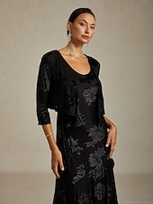  Mulheres encolhe os ombros Floral Elegante Vintage Manga 3/4 Decote V Festa de Noite Convidado do casamento Traje de festa para noite Preto Outono Inverno