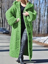 abordables Cárdigans y prendas de abrigo-Mujer Pulóveres Cárdigan Elegante Moda Ropa de calle Color sólido Con Capucha Retazos Botones De Punto Manga Larga Tops largos Tejer Exterior Diario Noche Negro Amarillo Otoño Invierno