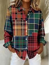 halpa Raidalliset ja geometriset paidat-Naisten Paita Pusero Tilkkutäkki Napit Painettu Kuvitettu Geometrinen Skottiruutukuvio Vapaa-aika Pitkähihainen Paitapuserokaula-aukko Tavalliset topit Päivittäin Sininen Keltainen Rubiini Oranssi