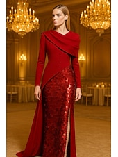 preiswerte Ballkleider-A-Linie Abendkleid Elegant Formelle Kleidung Formell Hochzeit Bodenlang Langarm V Ausschnitt Paillettenbesetzt mit Glitzer 2025