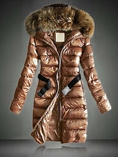 cheap Down Jackets-Women's Winter Coat Down Jacket Hoodie Jacket Warm Comfortable Zipper Pocket Fur Collar Casual Plain Vacation Daily Wear Going out Weekend Long Hooded Regular Fit Long Sleeve Outerwear Black Blue