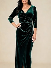  Per donna Abito maxi Abito a Portafoglio Elegante Festa serale Ospite di nozze Asimmetrico Vestibilità regolare Tinta unica Manica 3/4 Scollo a V Verde smeraldo