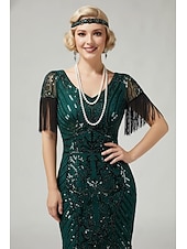 economico Abiti degli anni '20-Anni Ruggenti Anni 1920 Lunghezza al ginocchio Abito Flapper Maniche corte Il grande Gatsby Paillettes Frange Scollo a V Costume Per donna Natale Carnevale speakeasy Mascherata Festa a tema retrò