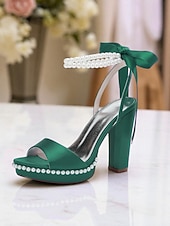 abordables Demoiselle d&amp;#39;honneur-Escarpins à plateforme en satin rose pour femme avec bride cheville en perles et nœud - sandales élégantes à talons hauts pour cocktails et événements formels