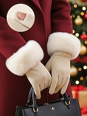 tanie Rękawiczki damskie-Damskie rękawiczki z ekranem dotykowym, materiał ze sztucznego futra poliestrowego, przytulne zimowe rękawiczki na Boże Narodzenie, eleganckie i stylowe, idealne na świąteczny prezent