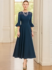 billige Ankellengde-A-linje Ankellengde Festkjole Cocktail Kjole 3/4 ermer Crew-hals Elegant Formell Blonder Polyester Kjole til brudens mor med Blonder