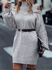 ieftine Rochii pulover-Pentru femei Pulover Rochie pulover Casual Moale Culoare pură Striat Guler Pe Gât Tricotat Manșon Lung Topuri lungi Tricotat În aer liber Zilnic Sfârșit de săptămână Negru Trifoi Toamnă Iarnă