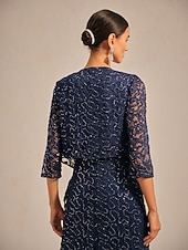 billige Blonder topper-Dame Blondeskjorte Paljetter Blonde Elegant 3/4 ermer V-hals Aftenselskap Bryllupsgjest Navyblå Sommer Vår Høst Vinter