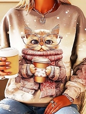 お買い得  動物のトップ-女性用 スウェットシャツ グラフィック 動物 猫 カジュアル 長袖 クルーネック レギュラートップス ストリート 日常着 カジュアル プリント ピンク パープル ブラウン グリーン 春 秋 冬