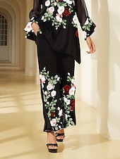  Damenhose Stretchstoff Blumendruck Chiffon transparente Einsätze ausgestelltes Bein elastische Taille elegant bequem Alltag Arbeit Herbst