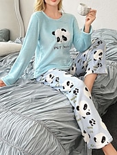 cheap Women&#039;s Sleep Tops &amp; Bottoms-Women&#039;s Pajamas Loungewear Pajama Set Flannel Warm Fashion Panda Elastic Waist Pant Home Daily Long Sleeve Crew Neck White Pink Light Blue Fall Winter Loose Fit