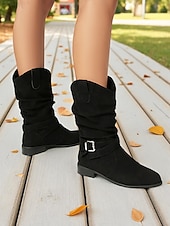 abordables Botas holgadas-Botas holgadas de mujer en marrón oscuro con hebilla: botines informales de tacón bajo para uso diario.