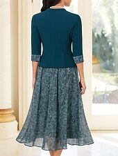 cheap Mom&#039;s Dress Sets-Two Piece A-Line Dress Sets Mother of the Bride Dress Formal Elegant Crew Neck Ankle Length Chiffon Polyester 3/4 Length Sleeve with Appliques