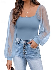 abordables Blusas Sencillas-Mujer Blusa Tops elegantes Tops de gasa Tops ajustados Frunce Retazos Sayo A Lunares Plano Elegante Vintage Fiesta Manga Larga Manga de la linterna Escote Cuadrado Tops cortos Diario Trabajo Festivos