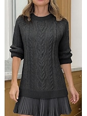 cheap Sweater Dresses-Women's Sweater Dress Casual Soft Pure Color Ribbed Crew Neck Ruffle Knitted Long Sleeve Regular Tops Knit Outdoor Daily Weekend Black Pink Fall Winter