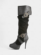 abordables Medieval &amp; Renacimiento-Botas medievales marrones por encima de la rodilla para mujer con tacones de aguja altos y diseño de correa con hebilla, botas de moda de estilo renacentista vintage para fiestas de disfraces, cosplay
