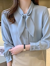 preiswerte Schicke Blusen-Damen Hemd Elegant Satin-Top Bluse Schleife Einfach Stilvoll Langarm Rundhalsausschnitt Normale Oberteile Ferien Ausgehen Blau Weiß Frühling Herbst