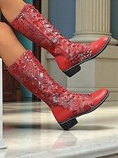 economico Barocco &amp; Dichiarazione-stivali alti fino al ginocchio da donna, con lacci ricamati rossi, con tacco a blocco, anni '50 – stivali in pelle con motivo floreale per abbigliamento casual e stile western