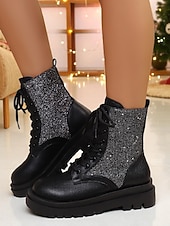 Botas de combate con purpurina roja para mujer: botines con cordones brillantes para mujer, ideales para Navidad, fiestas de invierno y salidas festivas. abordables Zapatos de Navidad para Mujeres-Botas de combate con purpurina roja para mujer: botines con cordones brillantes para mujer, ideales para Navidad, fiestas de invierno y salidas festivas.