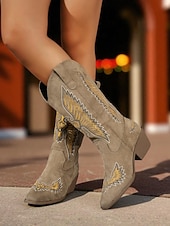 Недорогие Ковбой и западные ботинки-Женские ковбойские сапоги в стиле вестерн из зеленой замши с вышивкой и массивным каблуком — модные ковбойские сапоги в стиле бохо для рождественских фестивалей, уличной моды и повседневных мероприятий