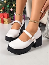 baratos Sapatos Mary Jane-Sapatos plataforma mary jane femininos bordô com tira de fivela, sola grossa, estilo casual e chique para inverno, natal e uso diário