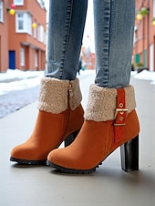 رخيصةأون أحذية الموضة-حذاء نسائي بكعب من الجلد المدبوغ باللون الأخضر مع أطراف من الفرو الصناعي، كعب سميك عصري، مثالي لقضاء العطلات الشتوية وحفلات الكريسماس والمناسبات الاحتفالية