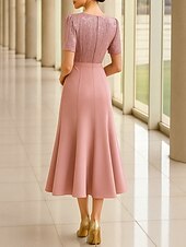 preiswerte Knöchellänge-Meerjungfrauenschnitt Knöchellänge Partykleid Cocktailkleid Kurzarm V Ausschnitt Elegant Formell Baumwollmischung Polyester Brautmutterkleid mit Farbblock