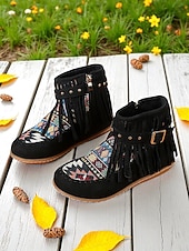 dames mocassinlaarzen met franjes en kleurrijke etnische print, casual enkellaarsjes voor herfstoutfits en festivals &dagelijks gebruik voordelige Enkel laarzen-dames mocassinlaarzen met franjes en kleurrijke etnische print, casual enkellaarsjes voor herfstoutfits en festivals &dagelijks gebruik