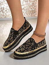 Χαμηλού Κόστους Γυναικεία Sneakers-Γυναικεία μοκασίνια πλατφόρμας με μαύρο χρυσό στρας, slip-on, λαμπερά, χοντρά παπούτσια για πάρτι, για νυχτερινή ζωή &amp;ρούχα κλαμπ