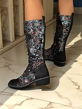economico Barocco &amp; Dichiarazione-stivali alti fino al ginocchio da donna, con lacci ricamati rossi, con tacco a blocco, anni '50 – stivali in pelle con motivo floreale per abbigliamento casual e stile western