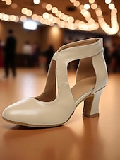 cheap Latin Shoes-Women's Beige Patent Leather Ballroom Dance Shoes - Closed Toe Mid Heel Pumps with Cutout Design for Gatsby Ball &amp; Professional Dance Party