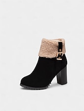 رخيصةأون أحذية الموضة-حذاء نسائي بكعب من الجلد المدبوغ باللون الأخضر مع أطراف من الفرو الصناعي، كعب سميك عصري، مثالي لقضاء العطلات الشتوية وحفلات الكريسماس والمناسبات الاحتفالية