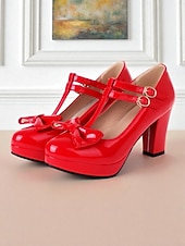 cheap 1950s Retro-Women's 1950s Vintage Patent Faux Leather T-Strap Heels with Bow Detail, Comfortable Chunky Block Heel, Elegant for Parties, Weddings and Special Occasions
