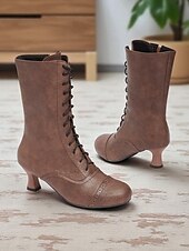 Недорогие Викторианский и Эдвардианский-Женские коричневые ботильоны из искусственной кожи в эдвардианском стиле со шнуровкой, винтажные полусапожки на среднем каблуке 1950-х годов для костюмированных выступлений, театра и повседневной носки в стиле ретро