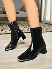 abordables Bottines-Bottines en similicuir verni noir pour femme, bout carré et talons compensés, bottines chics et modernes pour tenues décontractées et tenues de bureau &amp;soirée