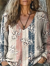 preiswerte Boho Tops-Damen Boho-Hemd Bluse Gerafft Blumen Grafik Elegant Vintage Stilvoll Langarm V Ausschnitt Normale Oberteile Täglich Ferien Ausgehen Blau Wein Armeegrün Rote Violett Frühling Herbst
