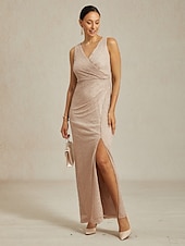 Robe longue en mousseline de soie pour femme, robe portefeuille, robe plissée, paillettes, asymétrique, élégante, formelle, cocktail, mariage, invité, soirée, cocktail, métallique, sans manches, col abordables Robes en chiffon-Robe longue en mousseline de soie pour femme, robe portefeuille, robe plissée, paillettes, asymétrique, élégante, formelle, cocktail, mariage, invité, soirée, cocktail, métallique, sans manches, col