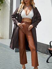 billiga Jackor i konstläder-Dam Imitationsläderjacka Trenchcoat Bekväm Ficka Knappar Ledigt Slät Semester Dagliga kläder Utekväll Helgen Lång Nedvikt Normal Långärmad Ytterkläder Marin Svart Kamel Vår Höst