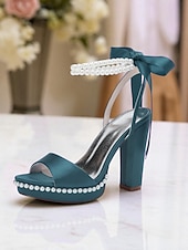 abordables Demoiselle d&amp;#39;honneur-Escarpins à plateforme en satin rose pour femme avec bride cheville en perles et nœud - sandales élégantes à talons hauts pour cocktails et événements formels