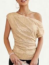 economico T-shirt semplice-Per donna Blusa Paillettes Tinta unica Elegante Casual Manica Corta Asimmetrico Top Regolari Quotidiano Nero Bianco Viola Oro Verde Estate Primavera