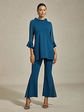 Недорогие Брюки-Женские брюки-клеш, темно-синие, с вставками из модала Butterflex, прозрачного шифона, расклешенные штанины, эластичная талия, элегантные, удобные, для повседневной носки, для работы, отдыха, весны, осени и лета