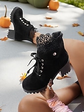 preiswerte Stiefeletten-Braune Damenstiefeletten zum Schnüren mit dickem Absatz und Häkelbesatz, modische Stiefeletten aus Wildlederimitat im Vintage-Stil für lässige Outfits und Outdoor-Events