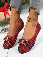 baratos Sapatilhas de mulher-sapatilhas femininas xadrez vermelhas com laço de strass – sapatos sociais elegantes e fáceis de calçar para uso diário, escritório e festas de Natal