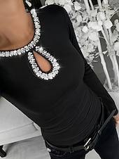 baratos Camiseta lisa-Mulheres Blusa Patchwork Purpurina Côr Sólida à moda Casual Manga Longa Gola Redonda Tops regulares Diário Azul Preto Vinho Verde Primavera Outono Inverno